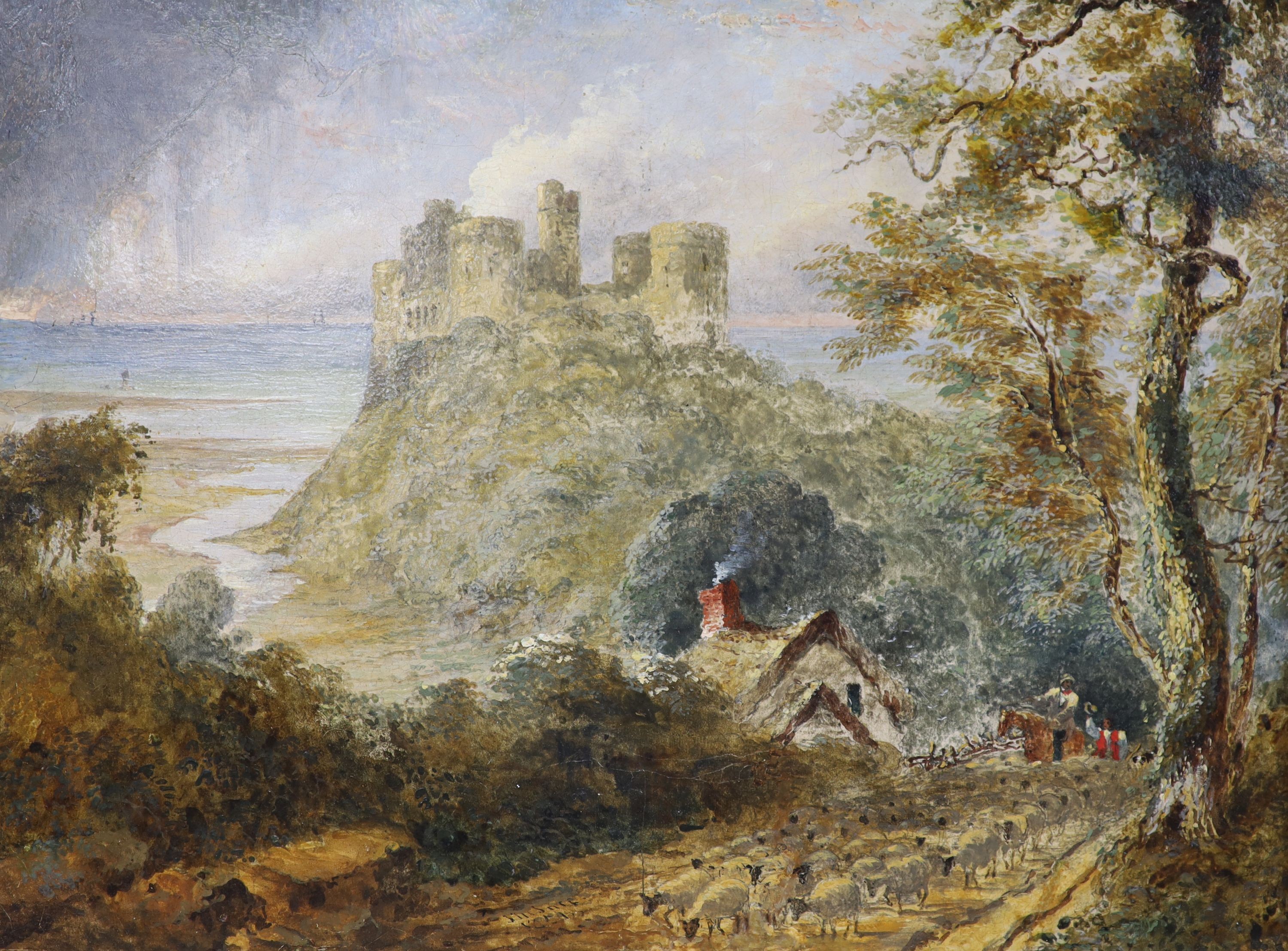 After Nasmyth, oil on canvas, coastal landscape with a castle, 30 x 40cm.